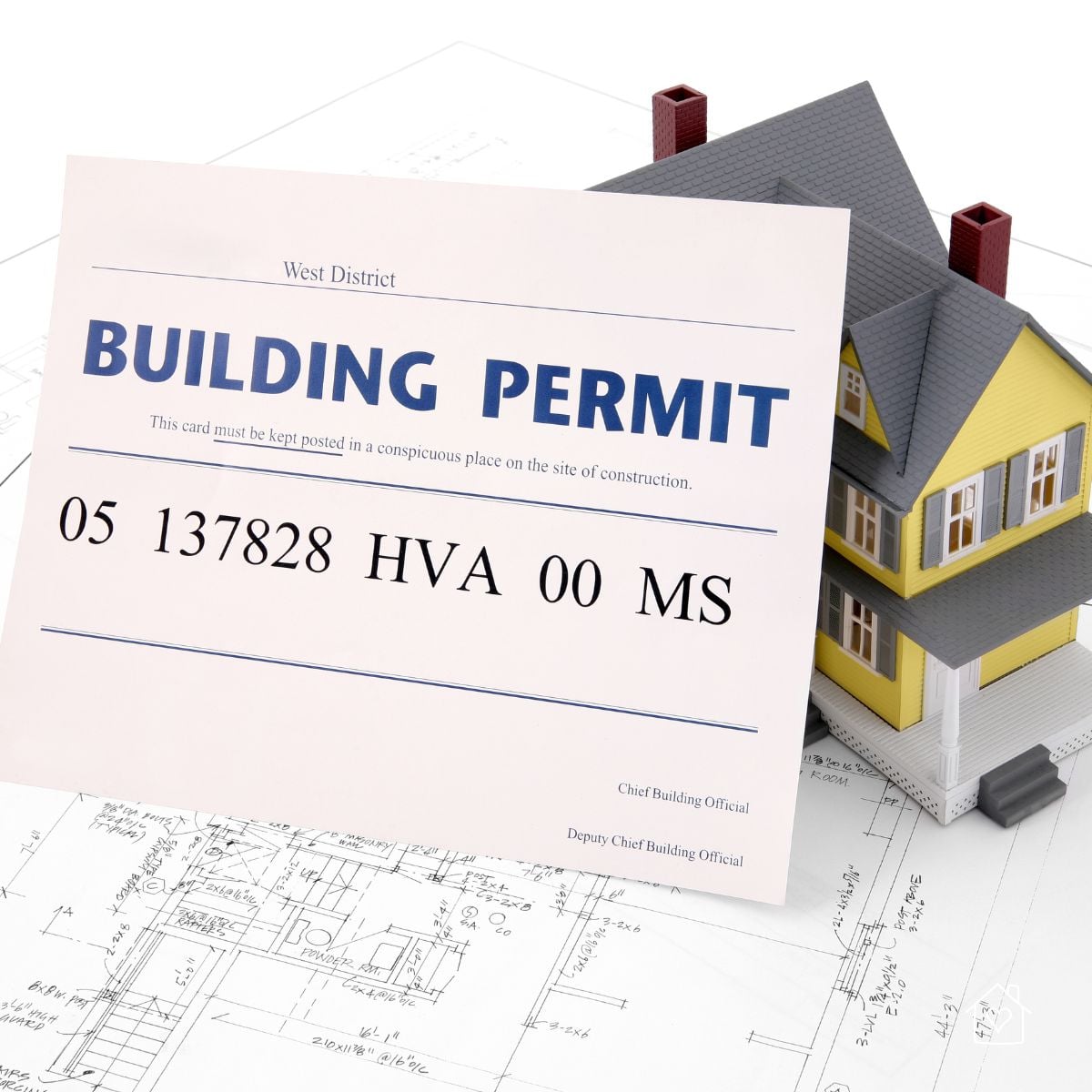 Building permit card placed on top of residential construction blueprints next to a model house.