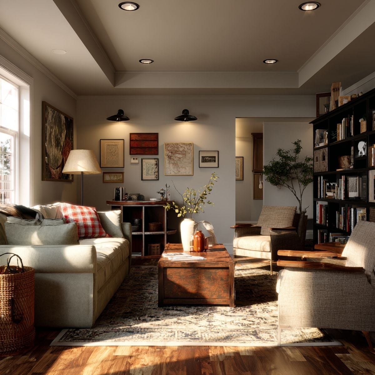 Living room with recessed lights, wall sconces, and a floor lamp creating layered ambient, task, and accent lighting.