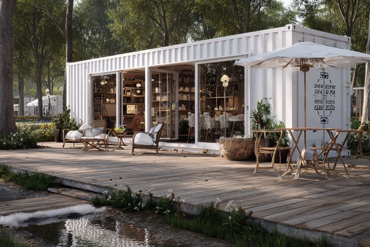 White shipping container home with large glass doors opening onto a wooden deck furnished with patio seating and surrounded by lush greenery.