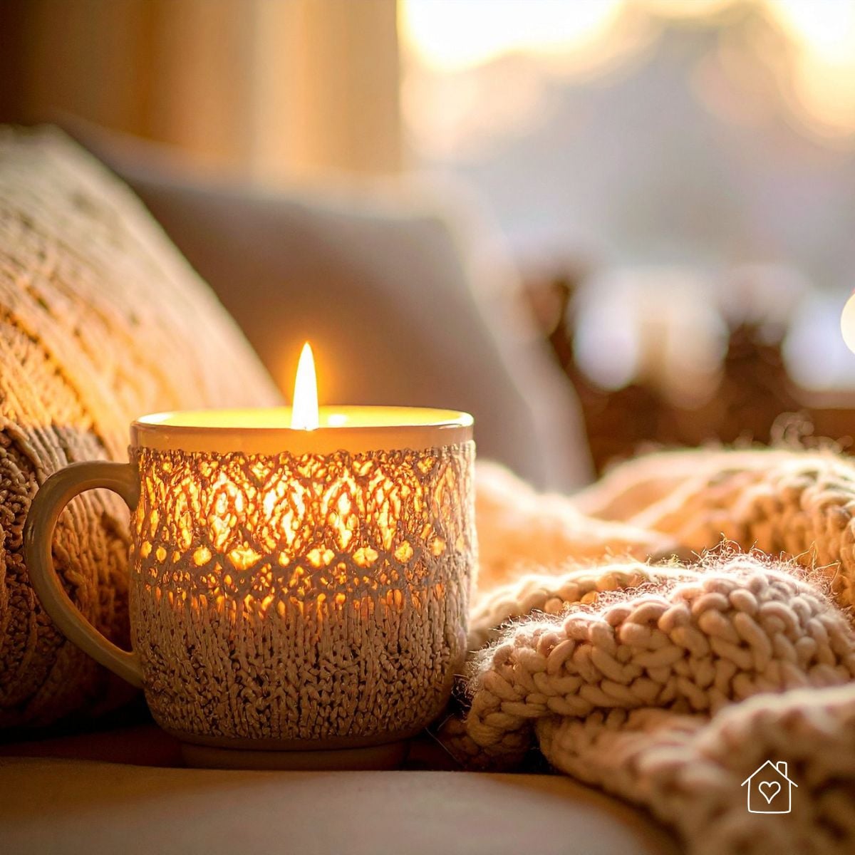 Glowing candle in a knit-textured mug resting on a chunky blanket&mdash;warm, relaxed mood supported by well-maintained plumbing.