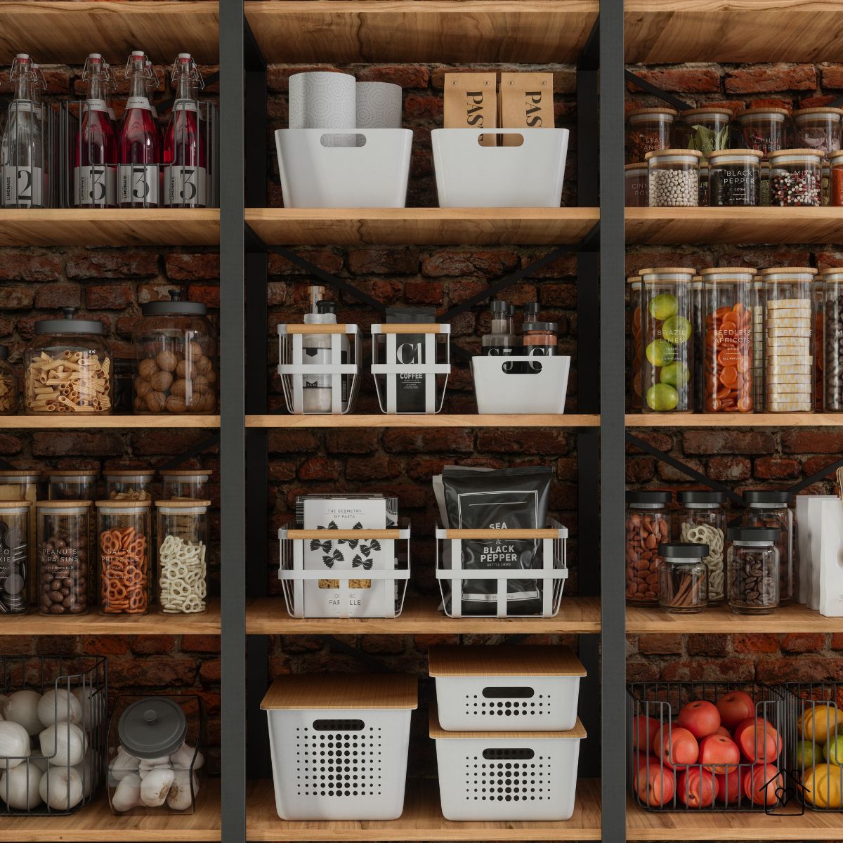 Wall shelves with uniform containers, baskets, and jars organized by category—an outdoor shed overflow pantry example.