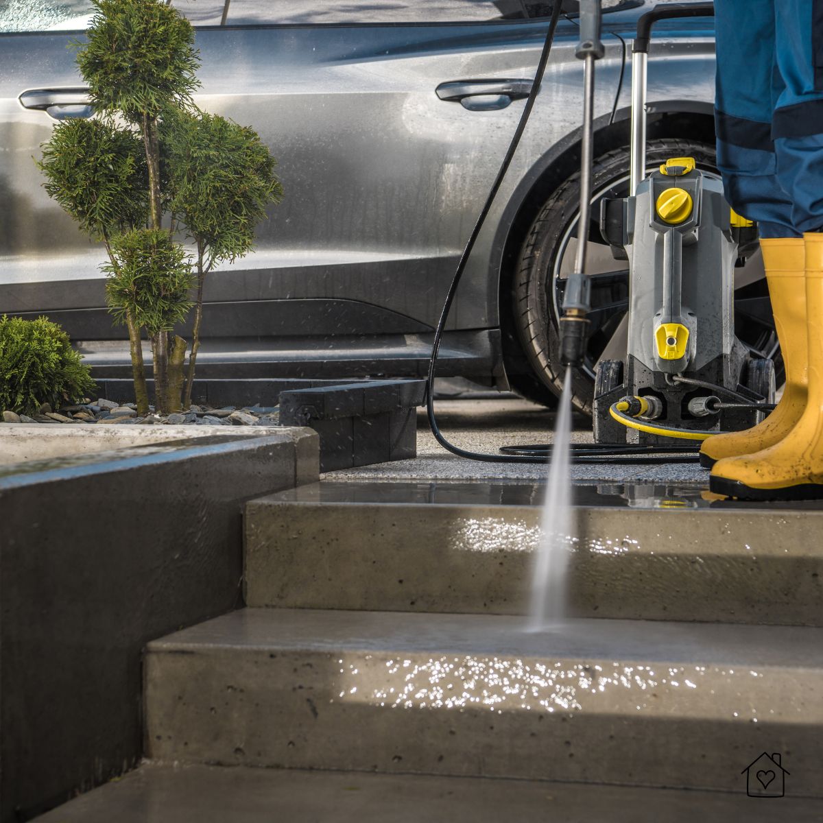 Pressure washer nozzle cleaning concrete steps and driveway area near the garage, lifting oil and road grime.