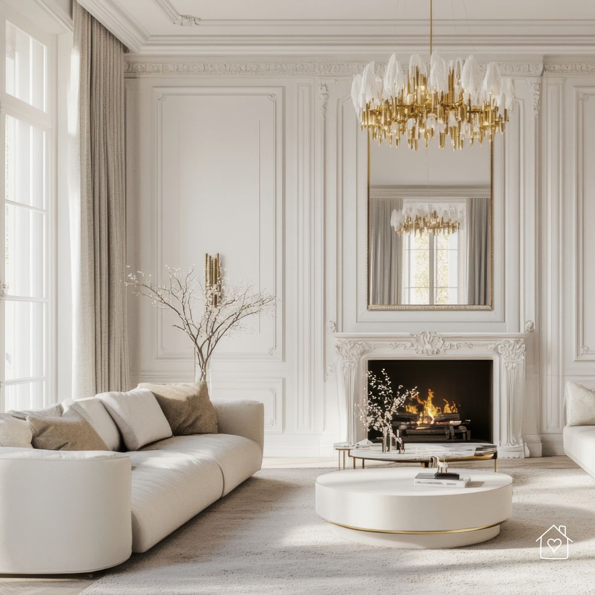 Elegant white living room with tall windows, neutral textiles, and a fireplace mirror—an example of light color palettes that bounce natural light.