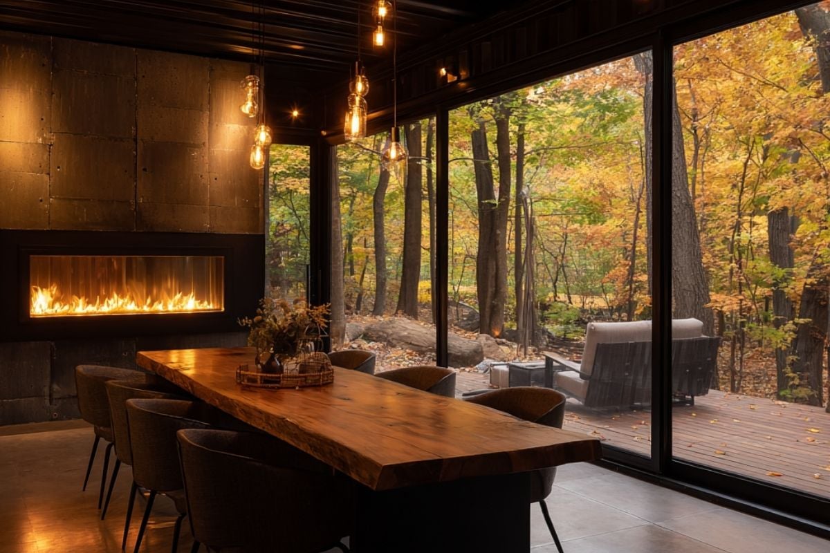 Elegant dining room with a live-edge wood table, pendant lighting, and a large glass wall offering a forest view beside a sleek built-in fireplace.