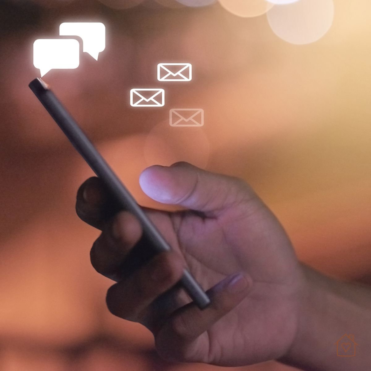 Hand holding smartphone with chat and email icons, symbolizing reassurance seeking.