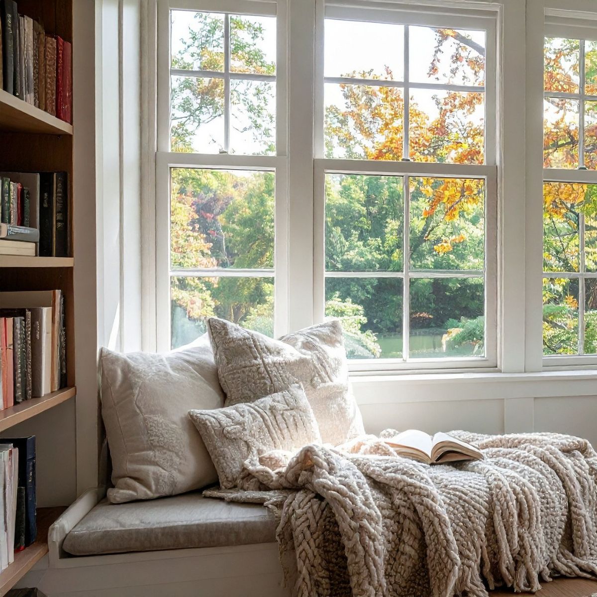 Sunlit window seat with plush pillows and a soft throw on an autumn day—calm, clean space maintained with seasonal home care.