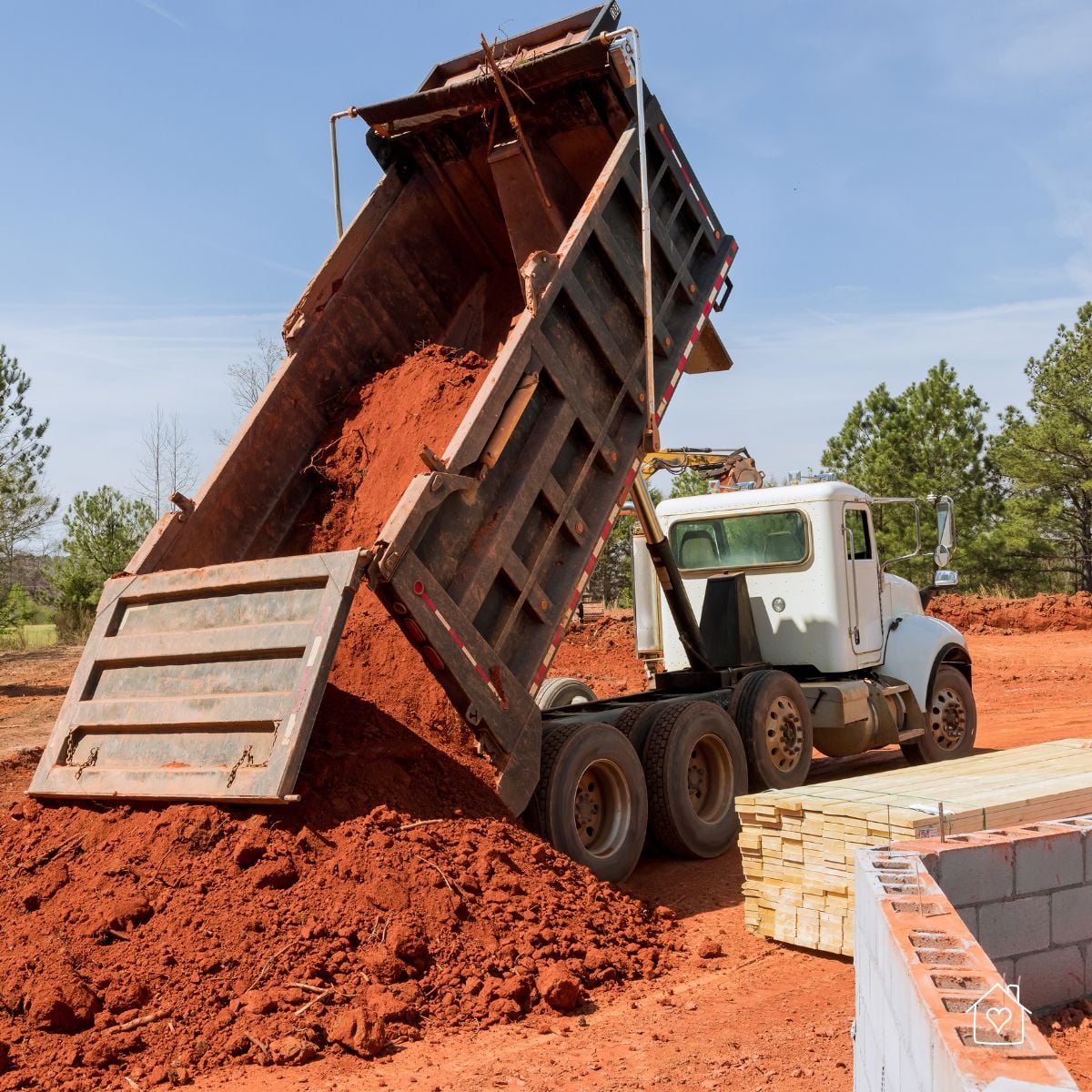 Dump truck tipping a load of red soil at a construction site next to stacked materials.