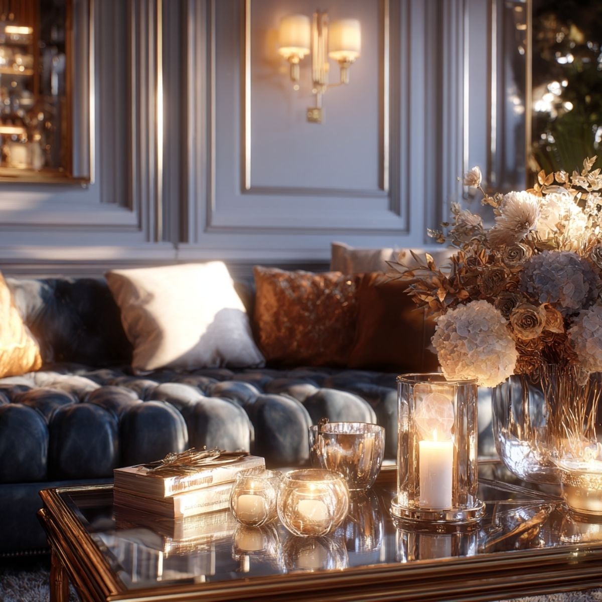 Glass coffee table styled with candles, metallic accents, books and florals in front of a tufted sofa and wall sconces.