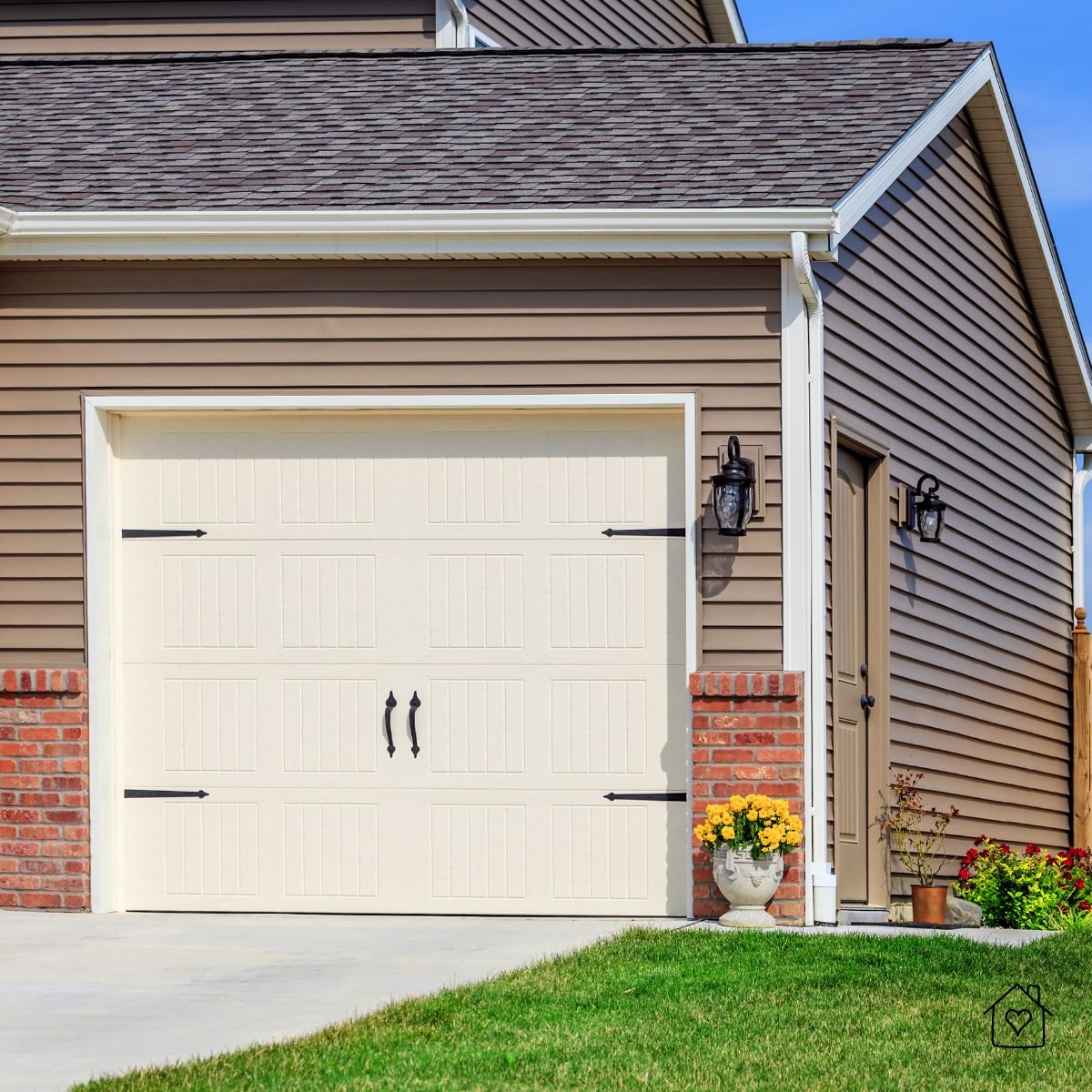 Brown vinyl-sided New Jersey home with white garage door and brick accents on a sunny day