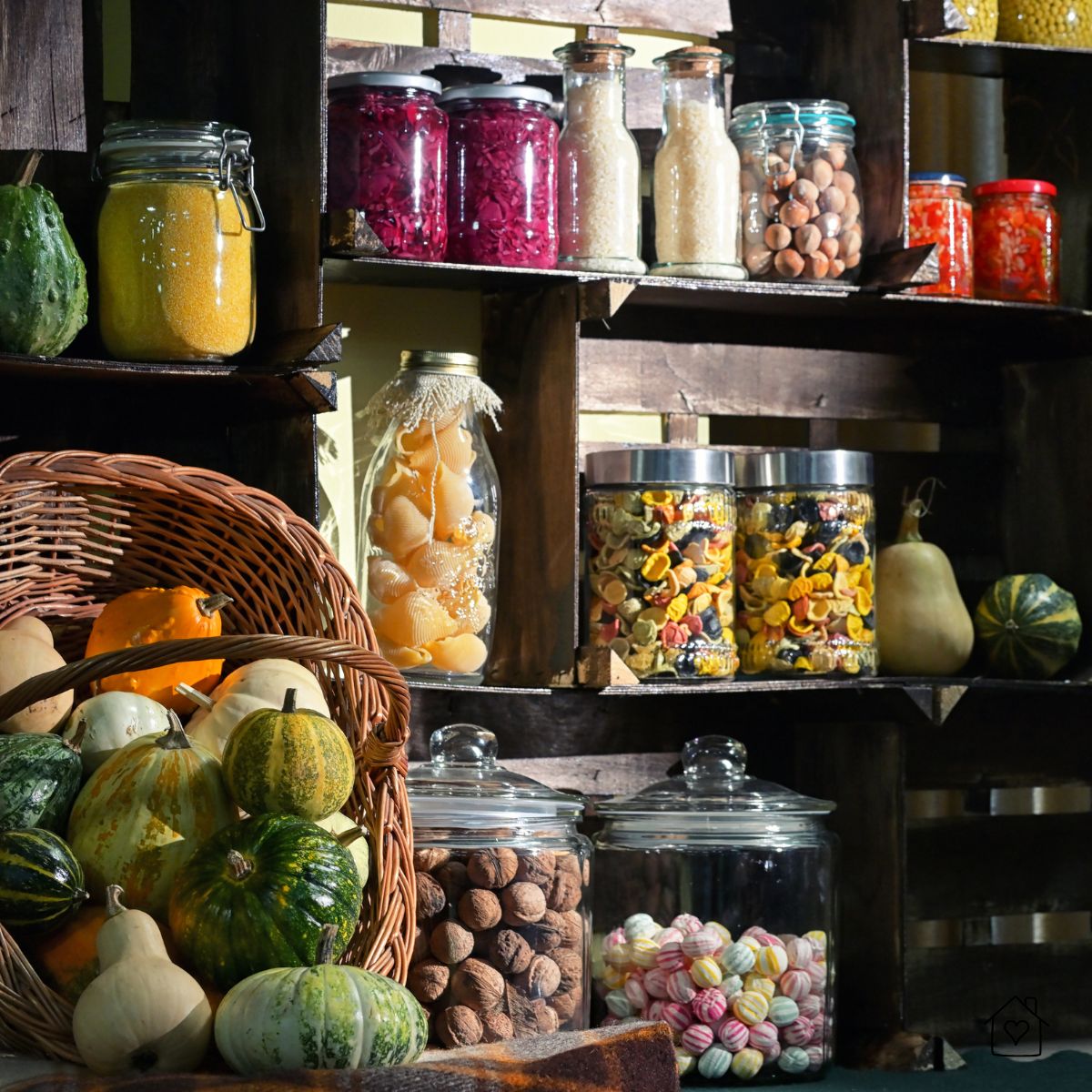 Glass jars, baskets, and preserved foods arranged on wooden shelves, showing another style of overflow pantry in a shed.