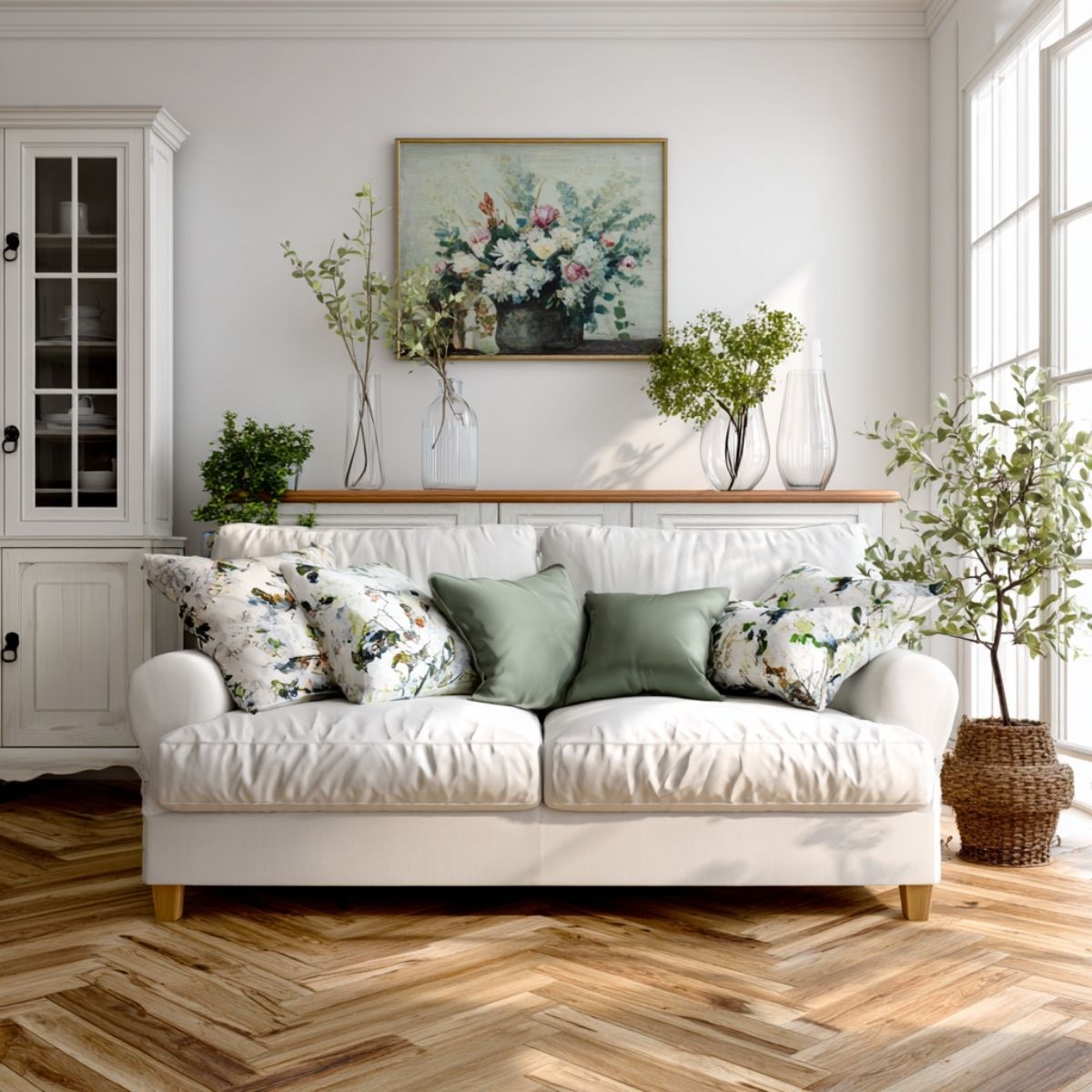 Light living room with white sofa, floral and green cushions, potted plants, and herringbone wood floors.
