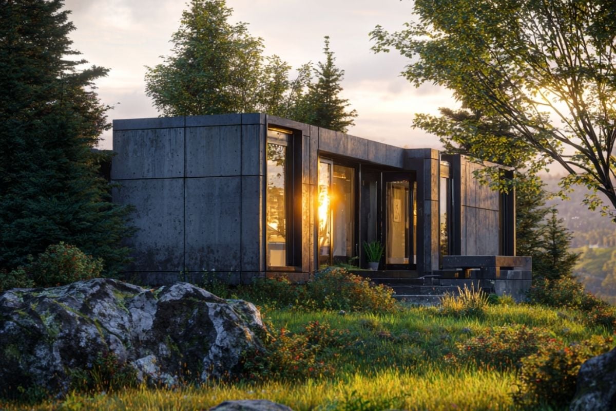 Elegant dining room with a live-edge wood table, pendant lighting, and a large glass wall offering a forest view beside a sleek built-in fireplace.