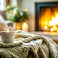 Steaming mug and candle on a chunky knit blanket by a glowing fireplace, soothing ambience.