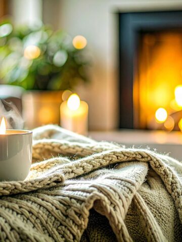Steaming mug and candle on a chunky knit blanket by a glowing fireplace, soothing ambience.