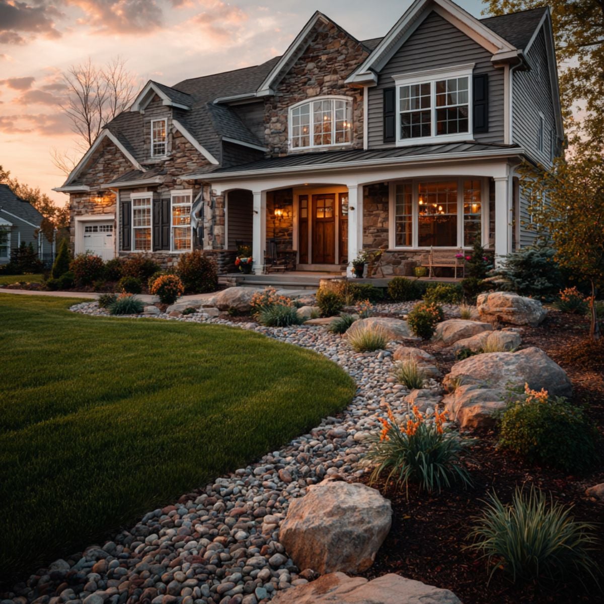 Two-story house with stone and siding, warm porch lighting, attached garage, and manicured landscaping at sunset.