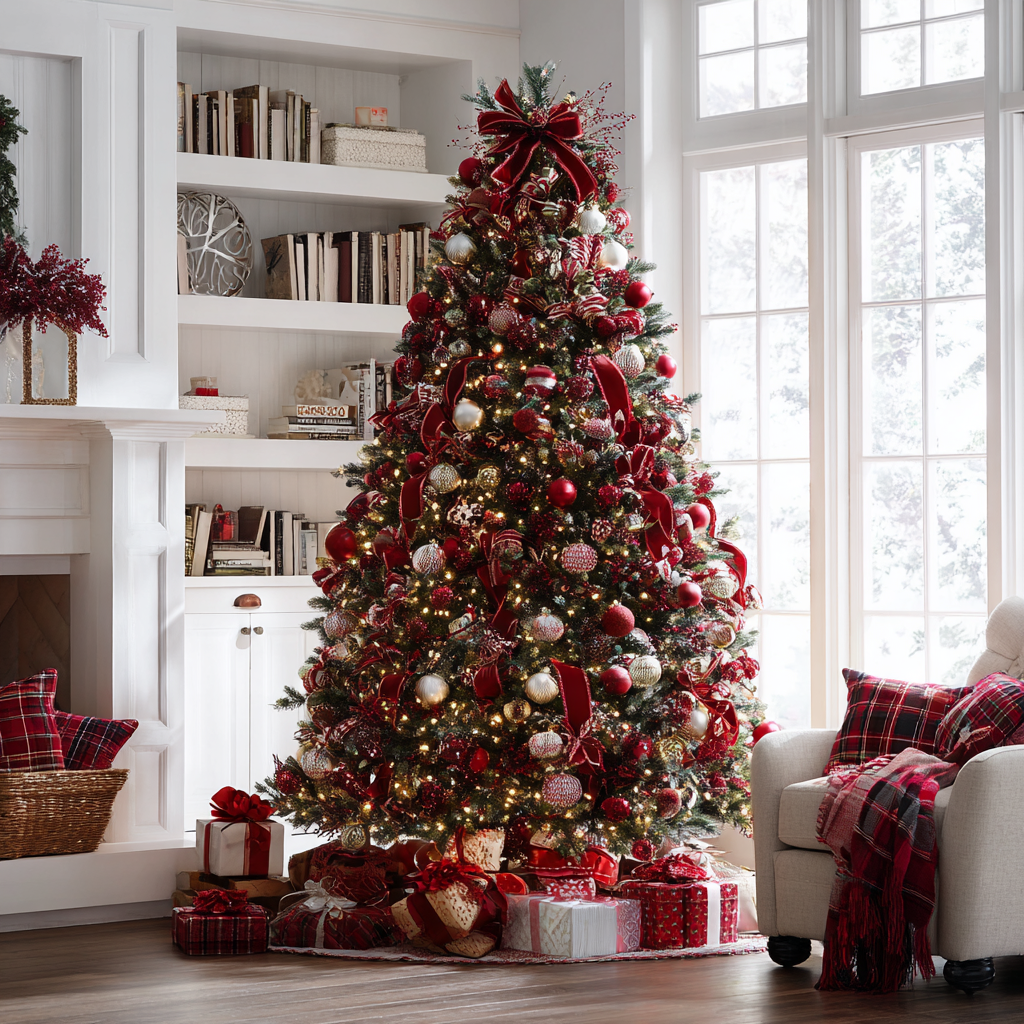Classic red and gold Christmas tree with plaid ribbon and warm white lights.