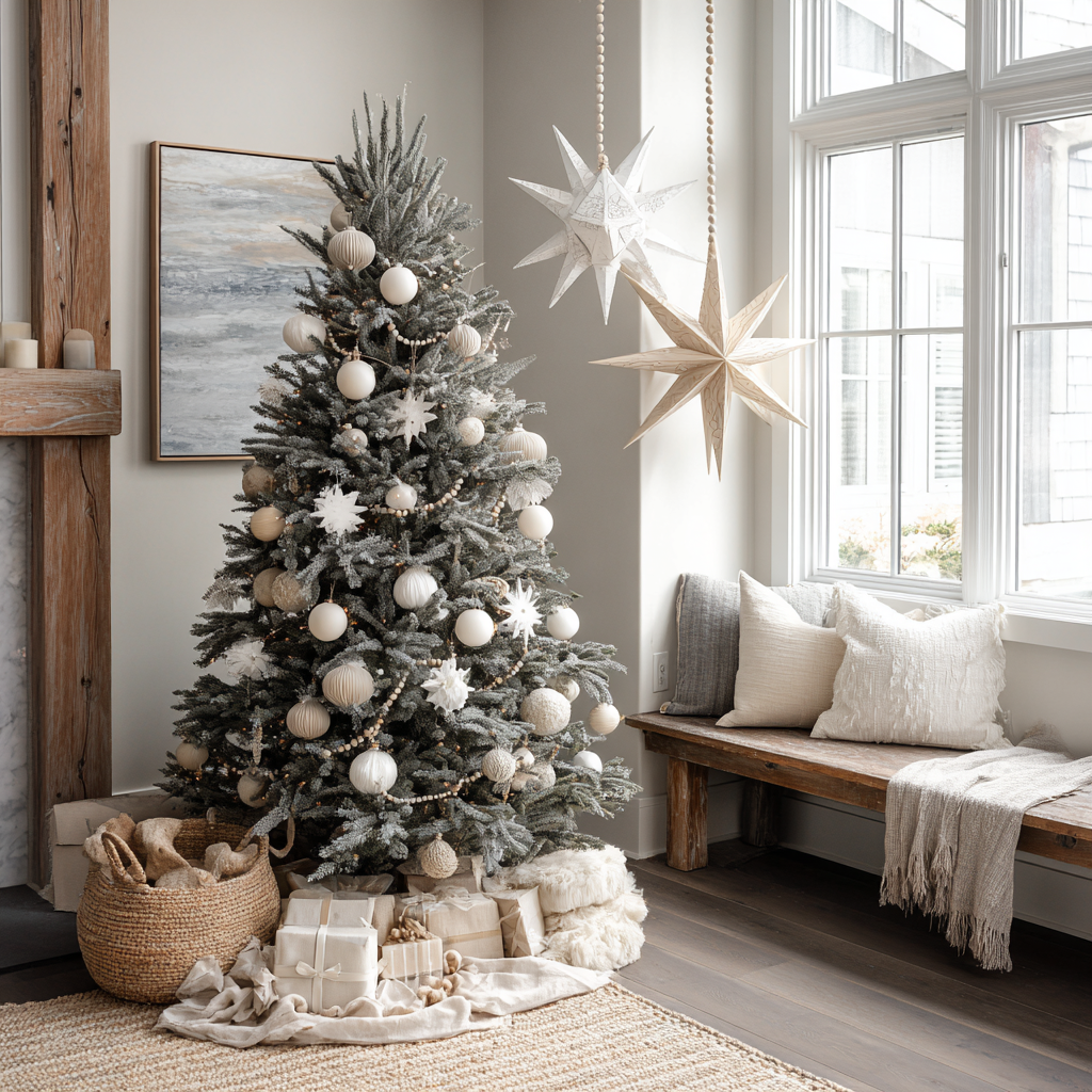 Neutral tree with white ornaments, paper stars, and wood accents in a light room.