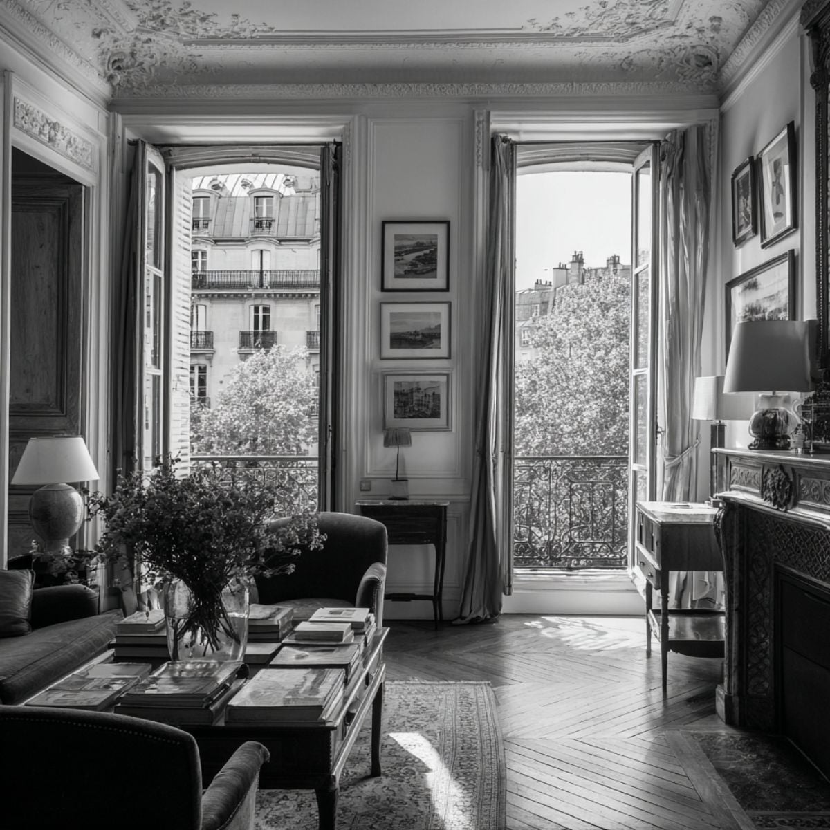 Monochrome view of a classic Paris apartment living room with tall windows, plasterwork, fireplace, and a small, centered photo grouping.