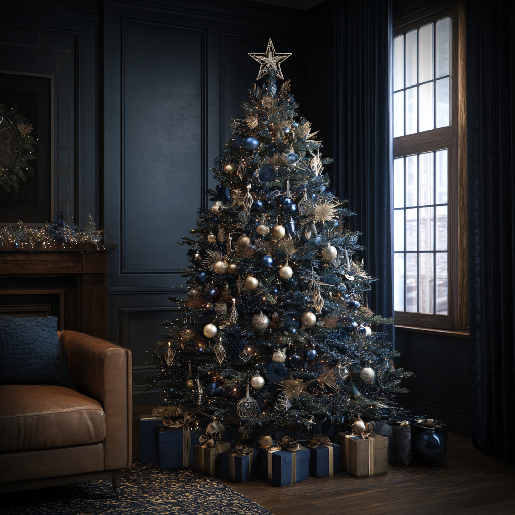 Navy and gold Christmas tree with star topper and warm lights in a dark blue room.