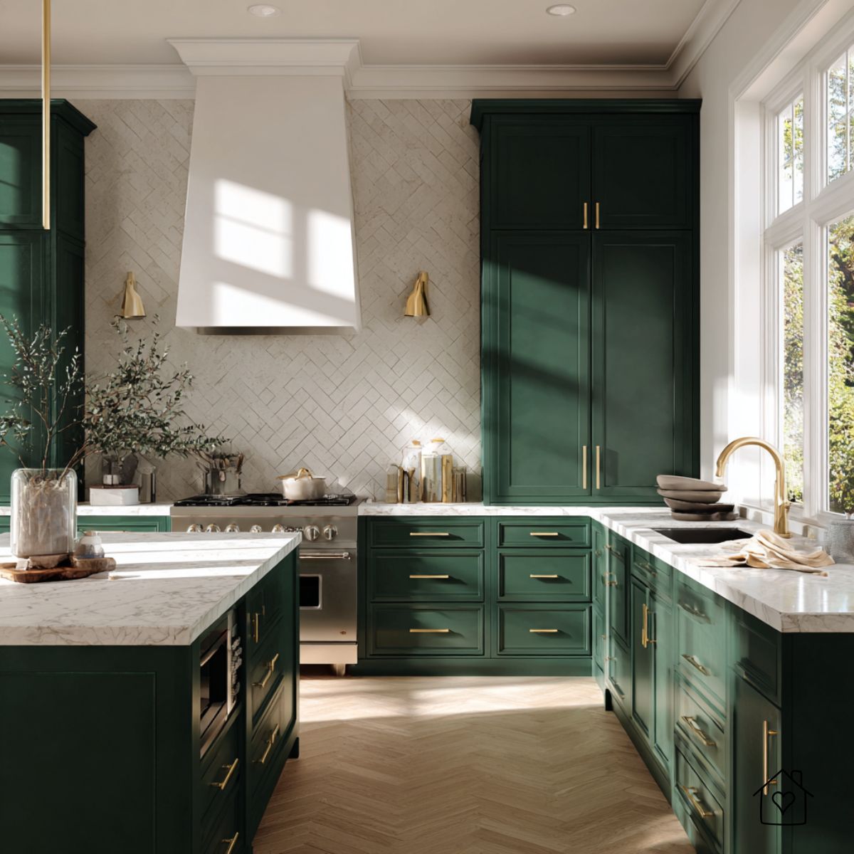 Sunlit, completed kitchen featuring dark green cabinetry, brass pulls, marble counters, and a white range hood.