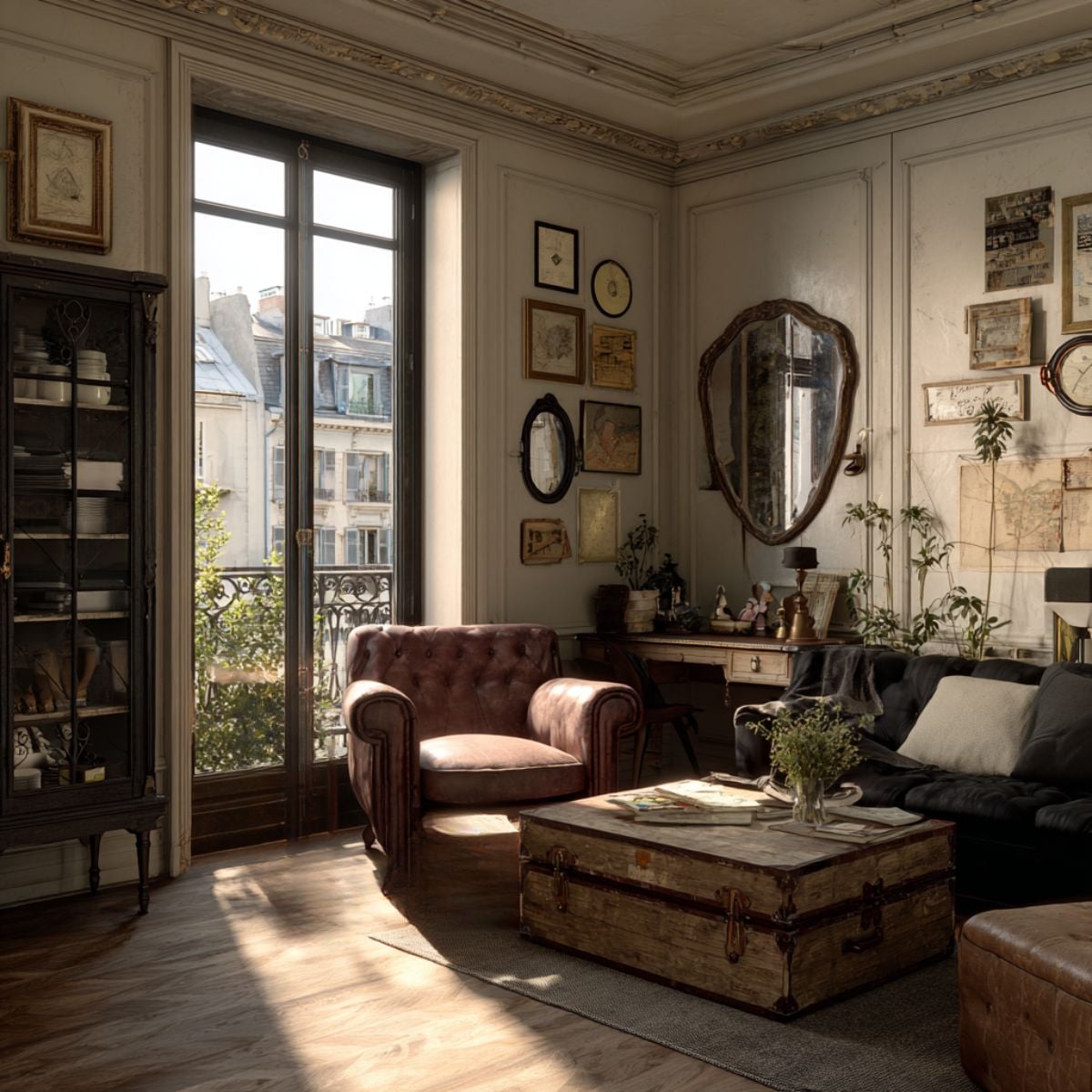 Warm living room with tufted leather chair, vintage trunk coffee table, mismatched frames, patinated mirror, and collected objects by the window.