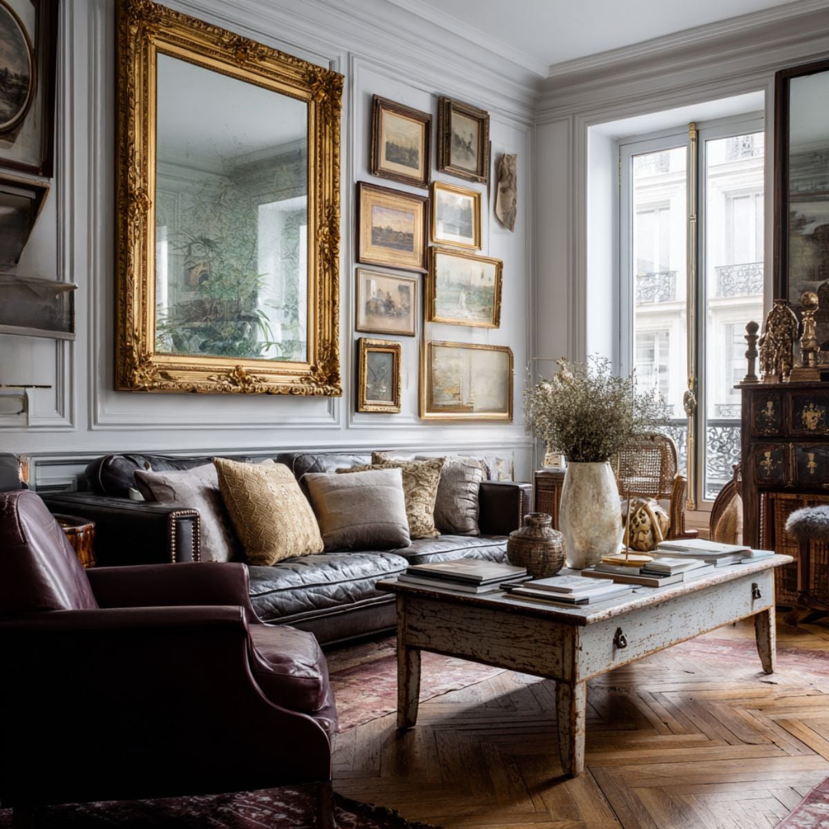 Large gilt mirror above a leather sofa with assorted vintage frames, neutral pillows, and aged wood table on herringbone parquet.