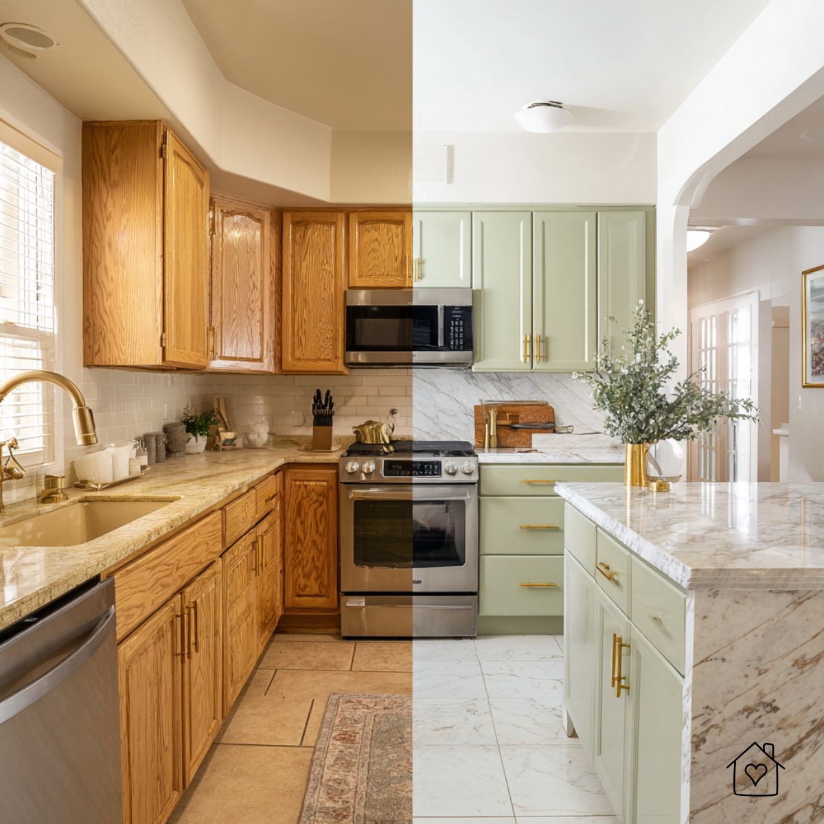 Side-by-side before and after of a kitchen remodel—from dated oak cabinets to light green cabinetry and marble surfaces.