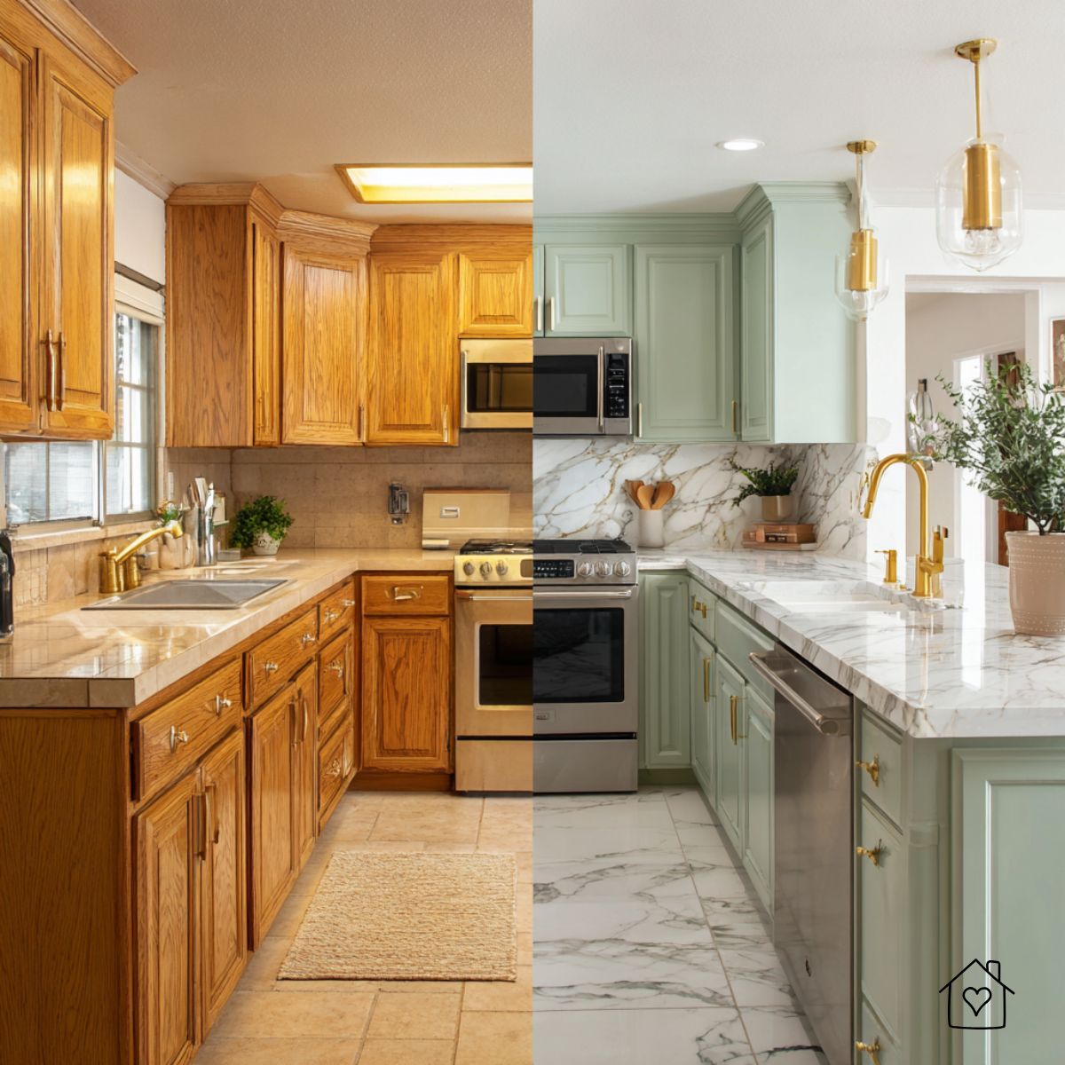 Another split view showing the same kitchen transformed with painted cabinets, new lighting, and marble counters.