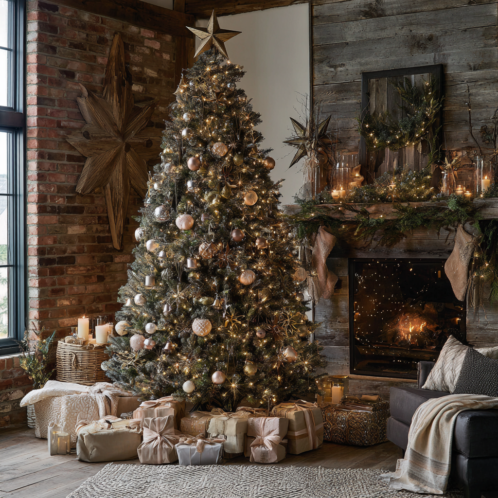 Mixed-metal tree with champagne and pewter ornaments beside a cozy fireplace.