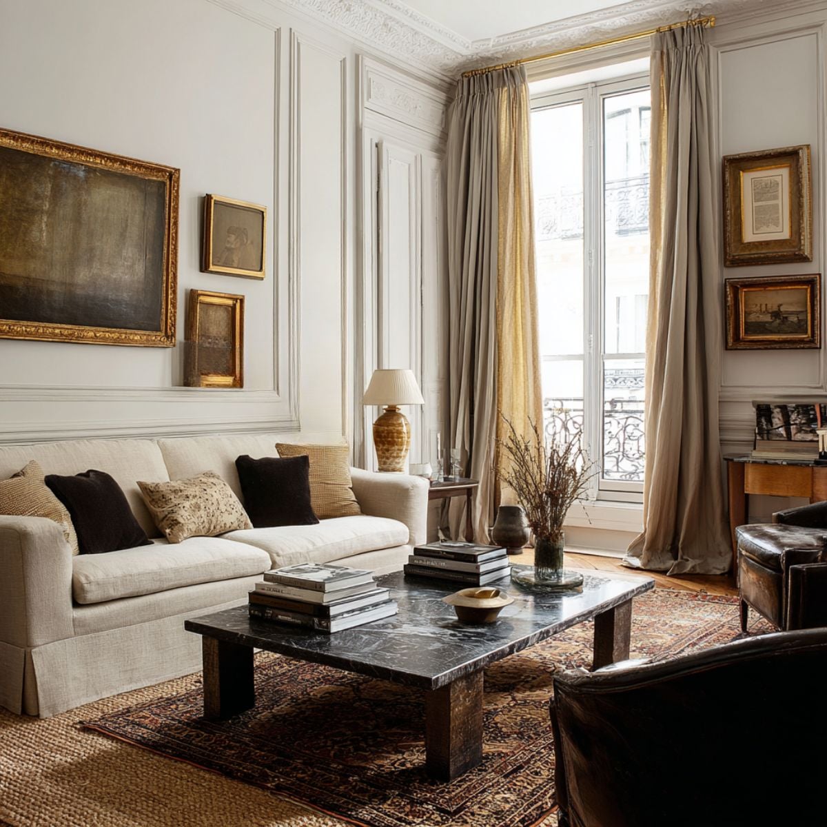 Cream sofa with mixed pillows, jute layered over a Persian rug, marble coffee table, gilded frames, and floor-puddled curtains in daylight.