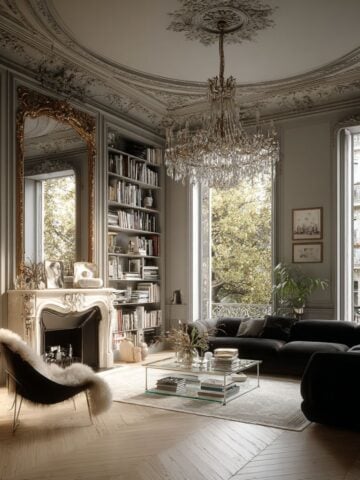 Parisian salon with ornate plaster ceiling medallion and molding, crystal chandelier, gilded mirror, built-ins, and pale herringbone floors.