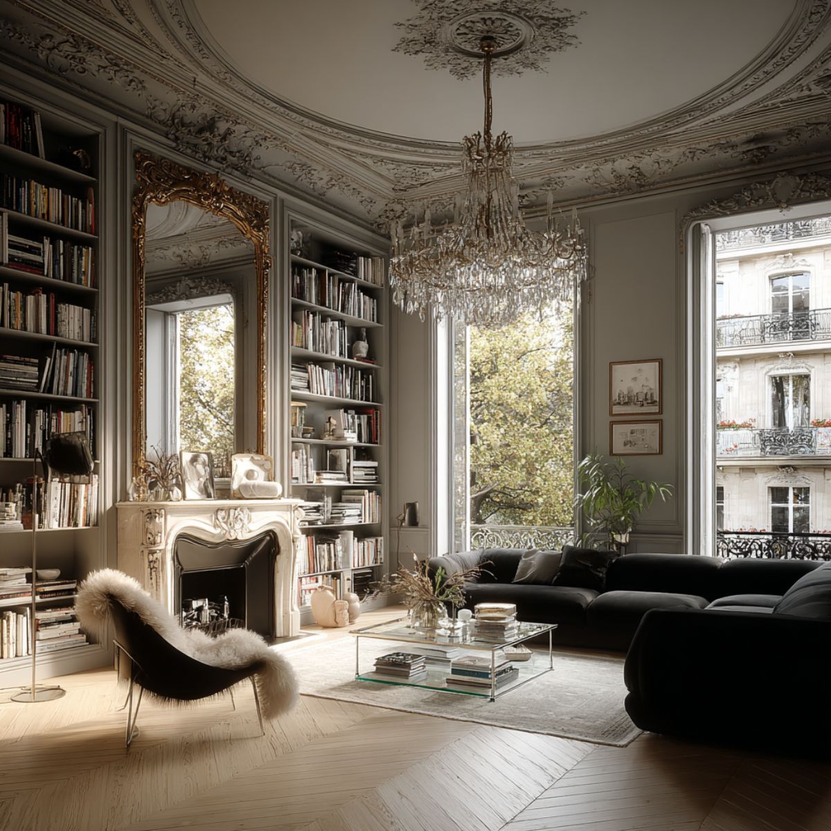 Parisian salon with ornate plaster ceiling medallion and molding, crystal chandelier, gilded mirror, built-ins, and pale herringbone floors.