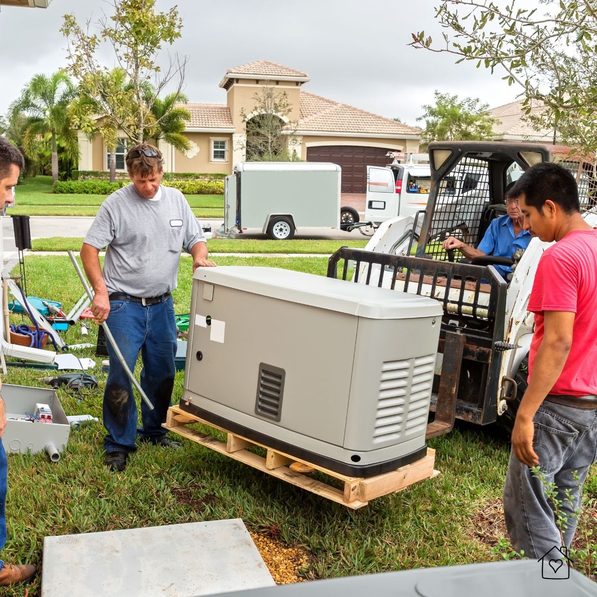 Technicians position a standby generator onto a yard pad with a skid steer in a suburban neighborhood during professional install.