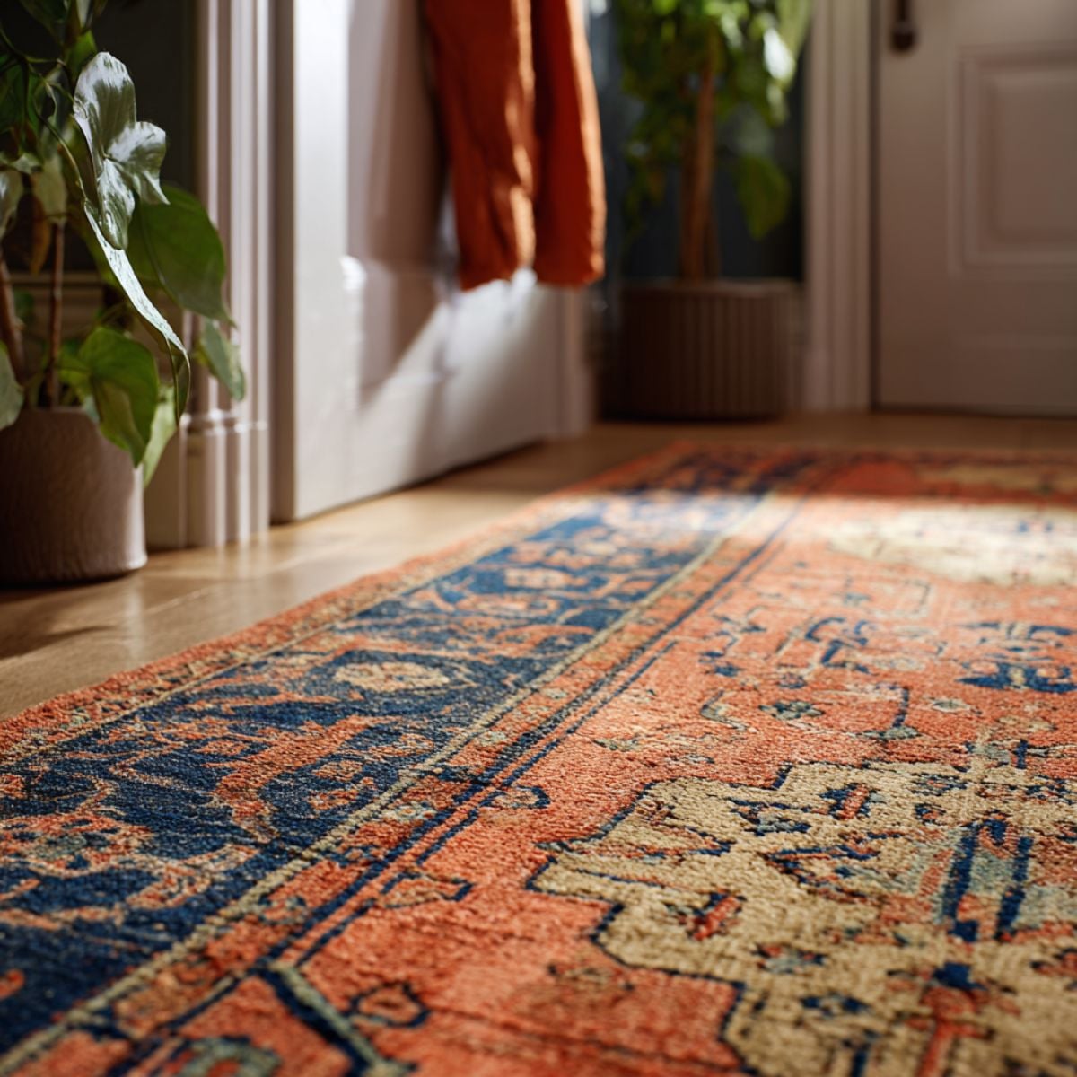 Warm-toned patterned runner rug with terracotta and navy design adding color to a minimalist entryway with plants.