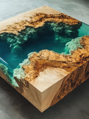 Square coffee table of rare burl wood with deep-pour turquoise epoxy resin filling a central void, showcasing preserved grain and live edges on a concrete floor.