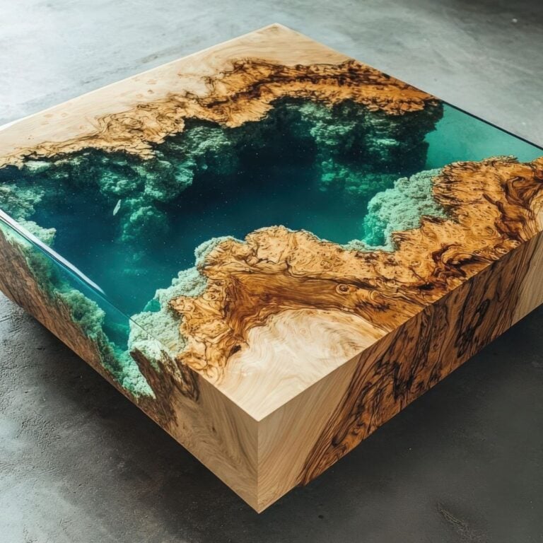 Square coffee table of rare burl wood with deep-pour turquoise epoxy resin filling a central void, showcasing preserved grain and live edges on a concrete floor.