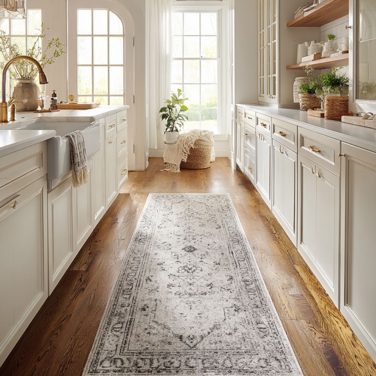 Light gray patterned runner rug in a bright white kitchen with wooden floors and gold accents.
