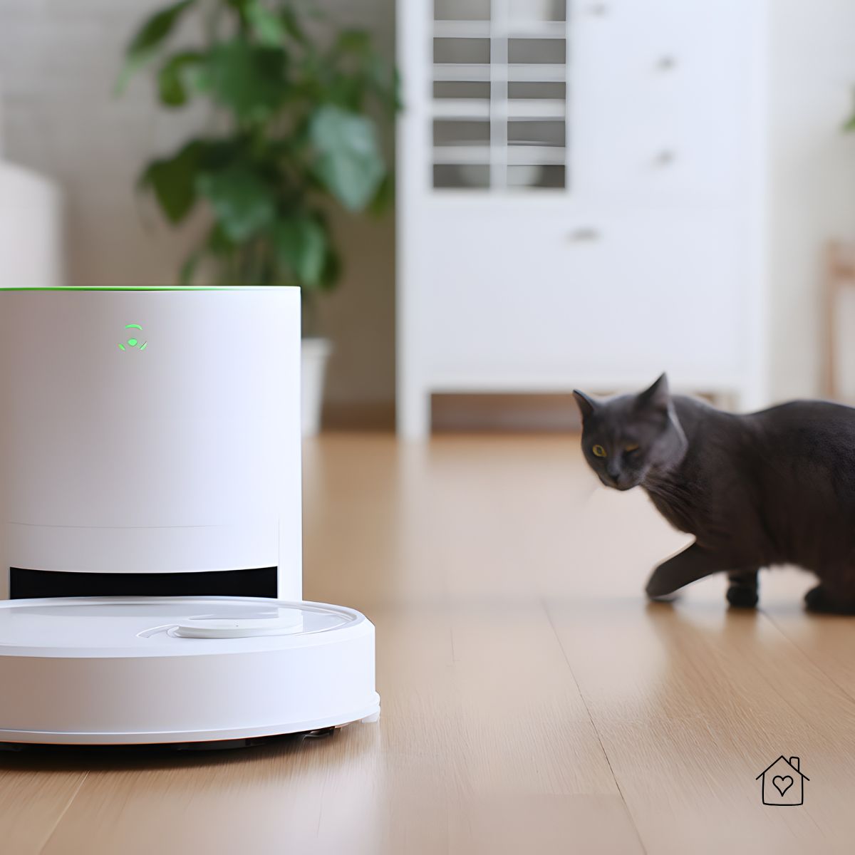 White robot vacuum mop beside its dock on a light wood floor while a gray cat walks past.