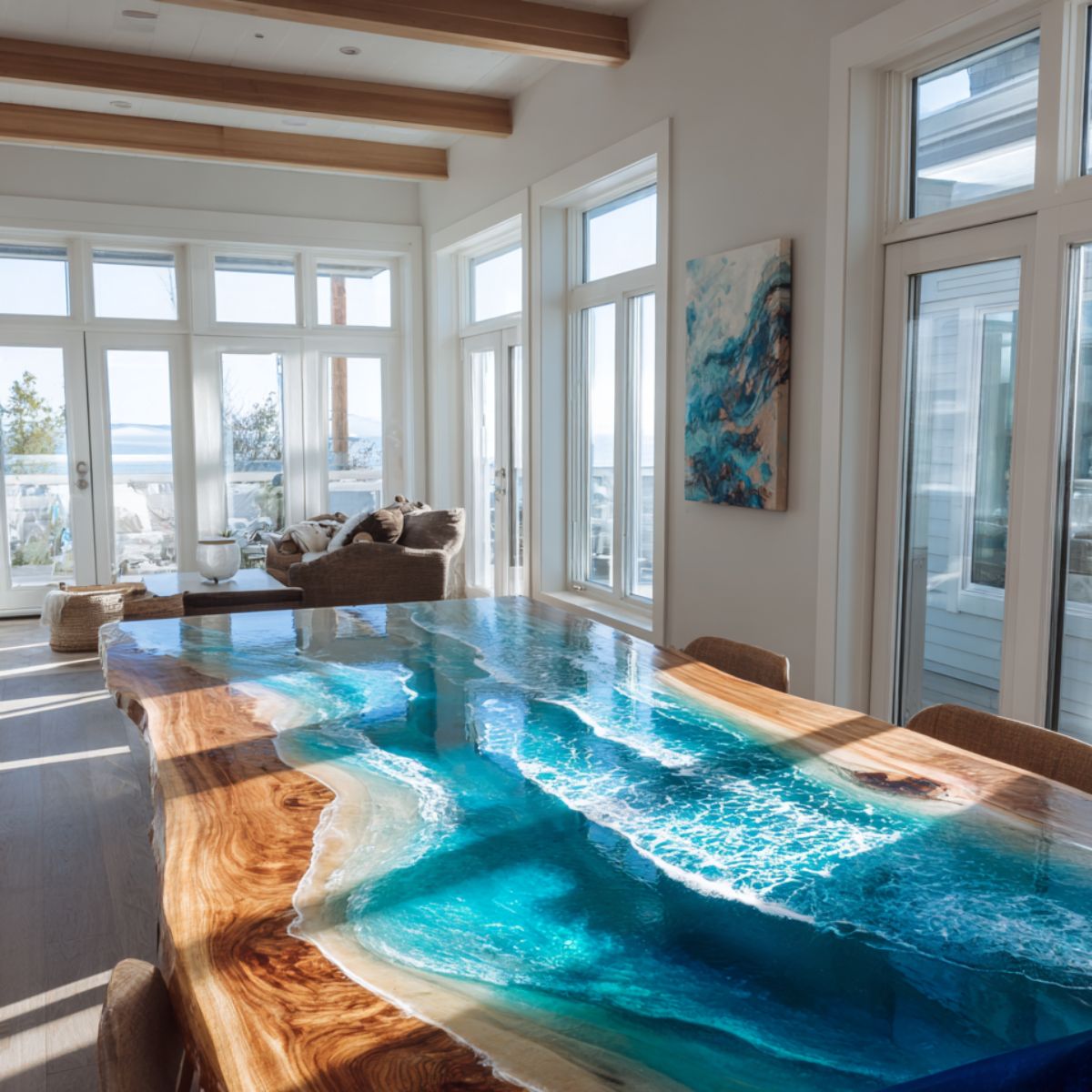 Large live-edge dining table where clear and teal epoxy resin forms wave patterns, preserving an irregular rare-wood slab in a bright, windowed coastal interior.
