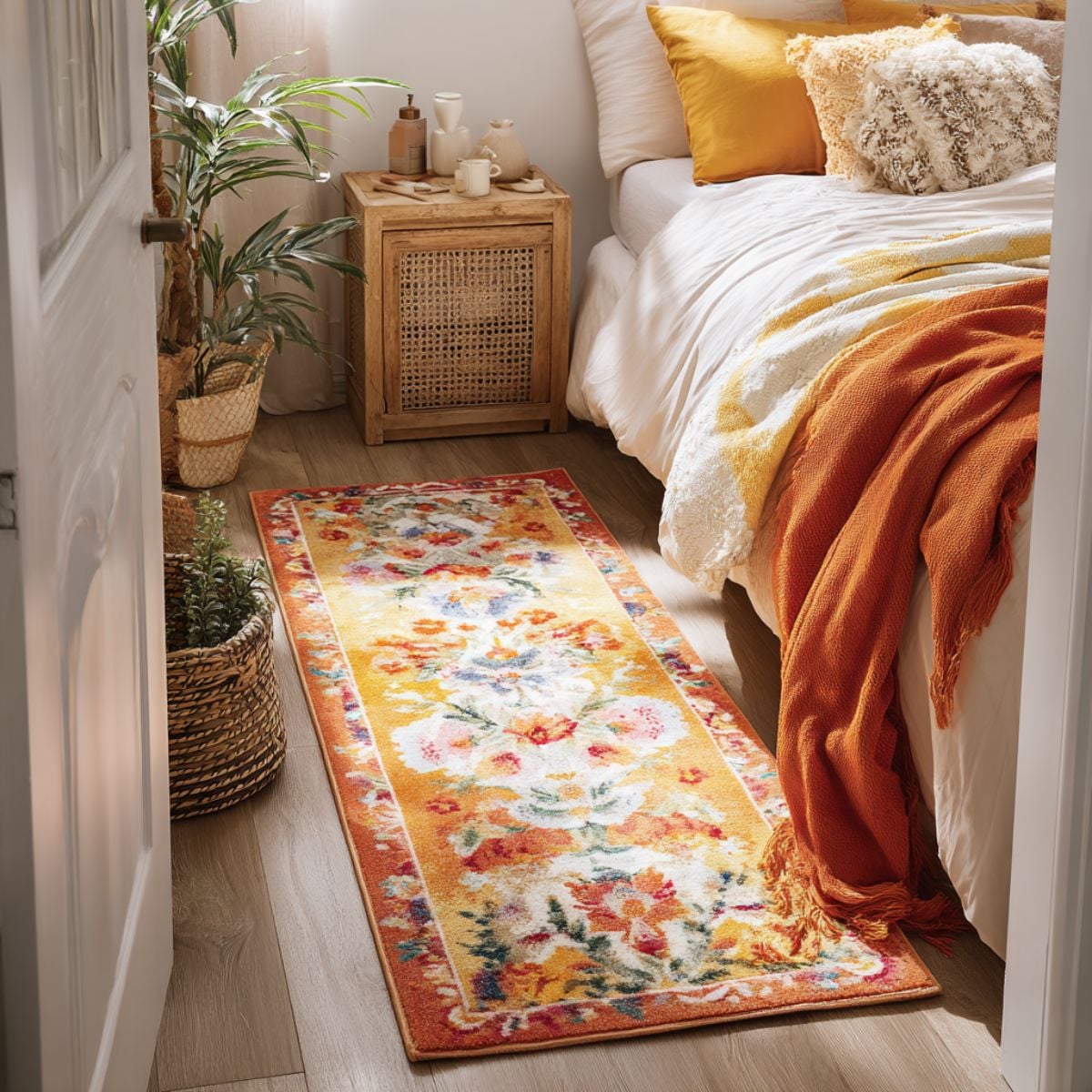 Vibrant yellow and floral patterned runner rug beside a minimalist bed with textured throws and neutral bedding.