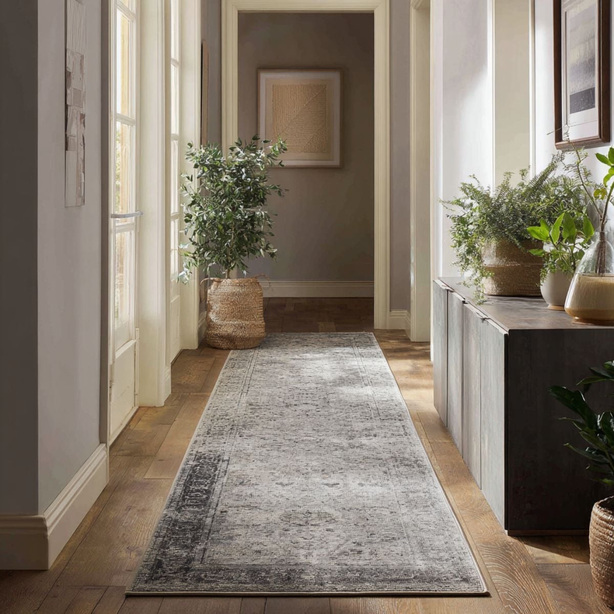 Light gray tone-on-tone runner rug in a minimalist hallway with plants and natural wood flooring.