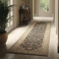 Dark patterned traditional runner rug in a minimalist hallway connecting bright adjoining rooms.