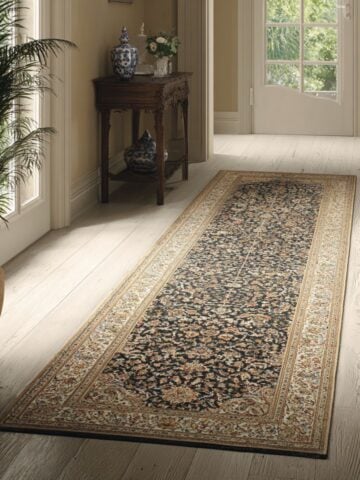 Dark patterned traditional runner rug in a minimalist hallway connecting bright adjoining rooms.