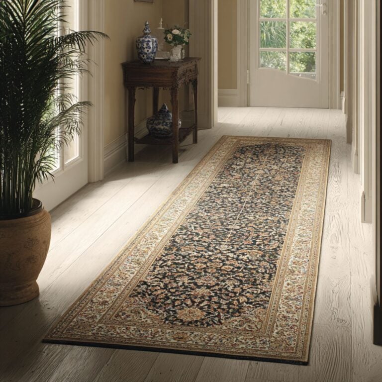 Dark patterned traditional runner rug in a minimalist hallway connecting bright adjoining rooms.