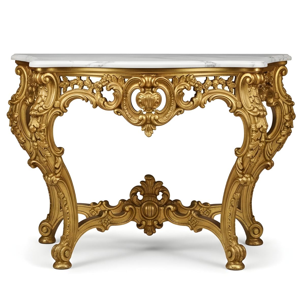 Heirloom-quality furniture—gilded carved console with marble top showing craftsmanship.