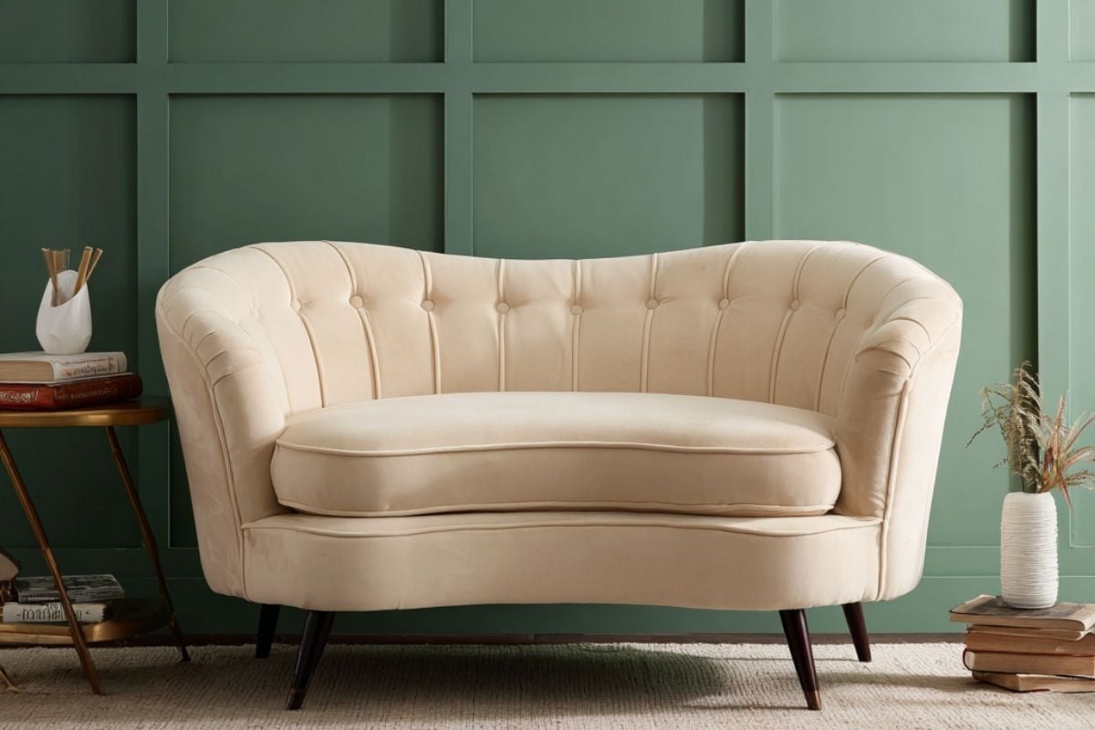Cream tufted curved loveseat with slim legs set against a sage paneled wall; soft silhouette suits tight rooms.