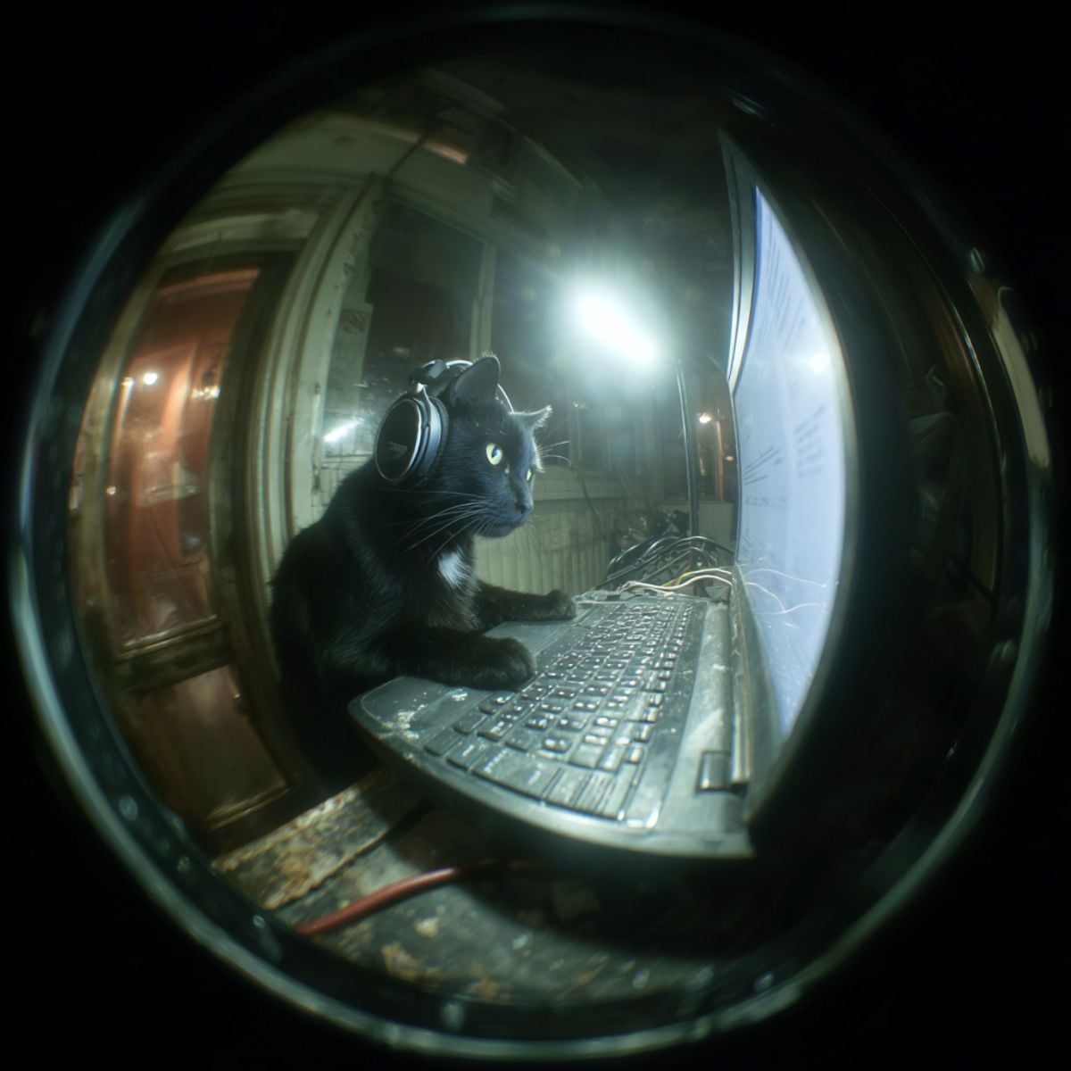 Black cat wearing headphones at a laptop, fisheye view&mdash;privacy reminder concept.