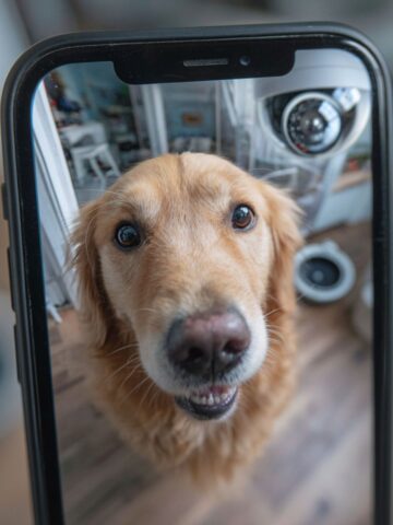 Golden retriever seen on a smartphone screen from a home pet camera.