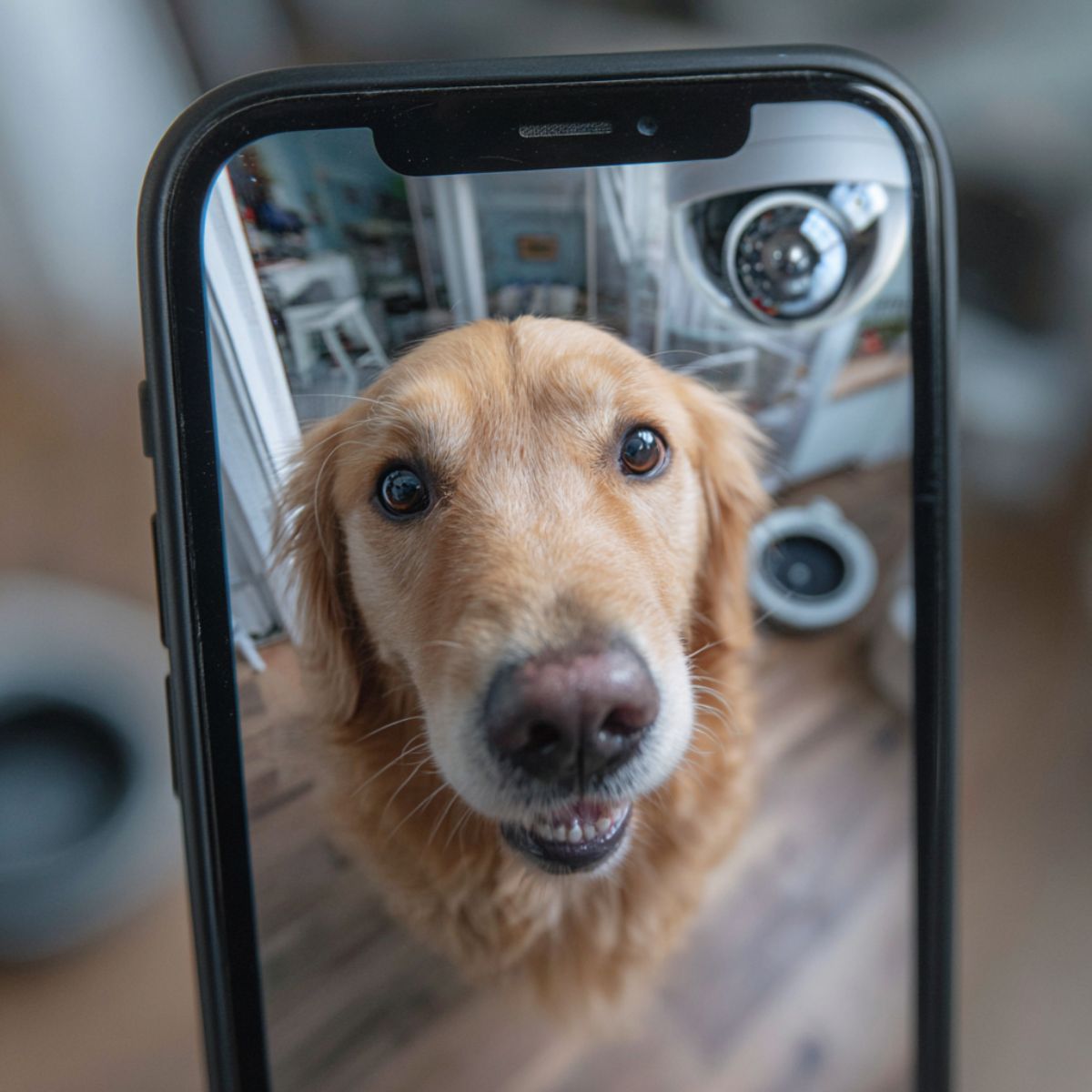 Golden retriever seen on a smartphone screen from a home pet camera.