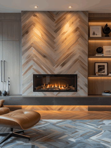 Modern living room featuring a sleek linear gas fireplace set in a floor-to-ceiling wood-look chevron tile wall, built-in wood shelves with decor and artwork, a tan leather lounge chair, and a patterned area rug with warm accent lighting.